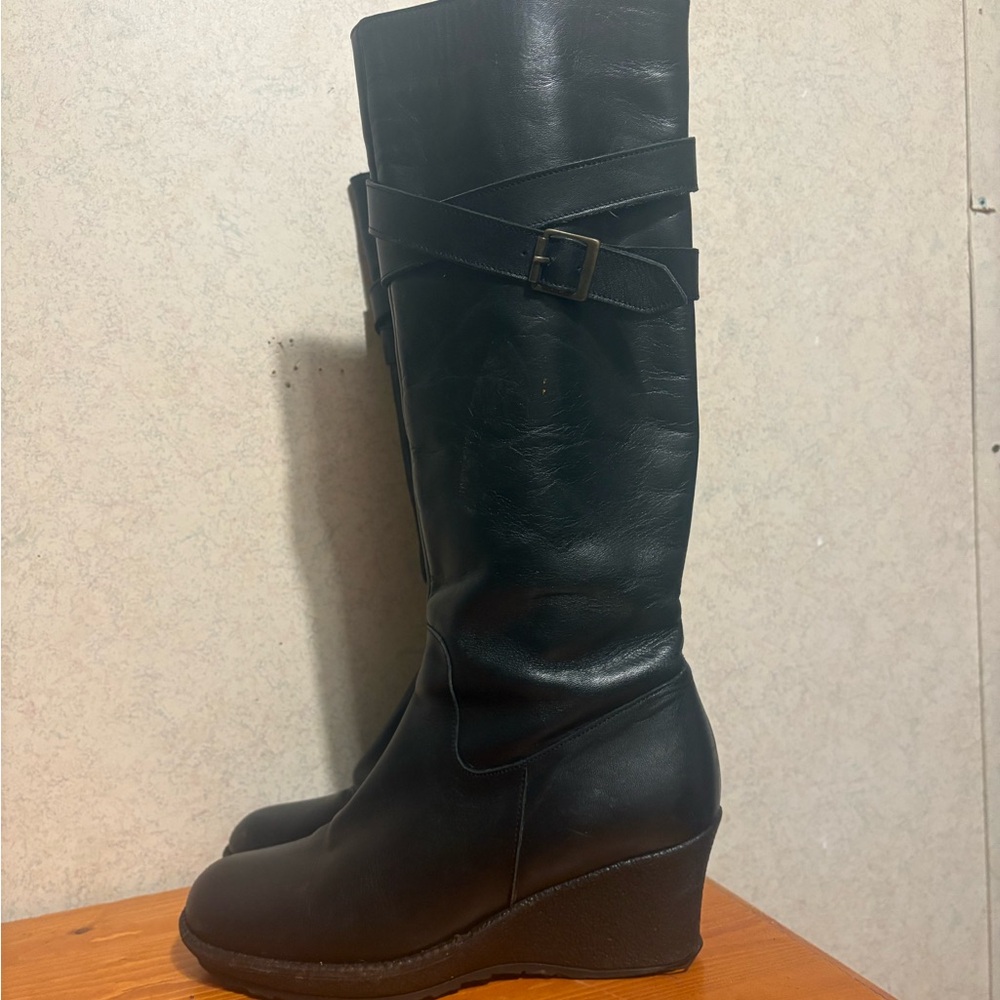 Duo Formerly Ted and Muffy Black Leather Knee High Wedge Boots Size 7.5